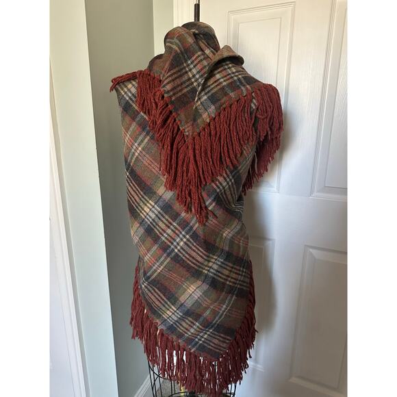 Vintage Plaid Wool Shaw Fringe Triangle brown rust gray olive green 82”x82” - Picture 9 of 16